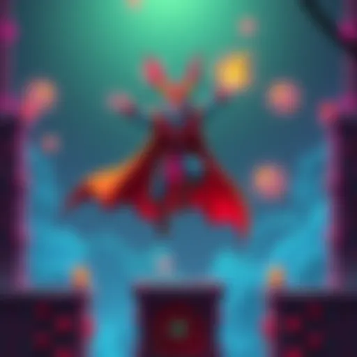 A colorful character from the game Ser Jorryn jumping between retro platforms with a pixel art style