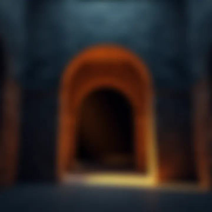 A view of a stone archway with deep shadows underneath it, highlighting the contrast between light and darkness.