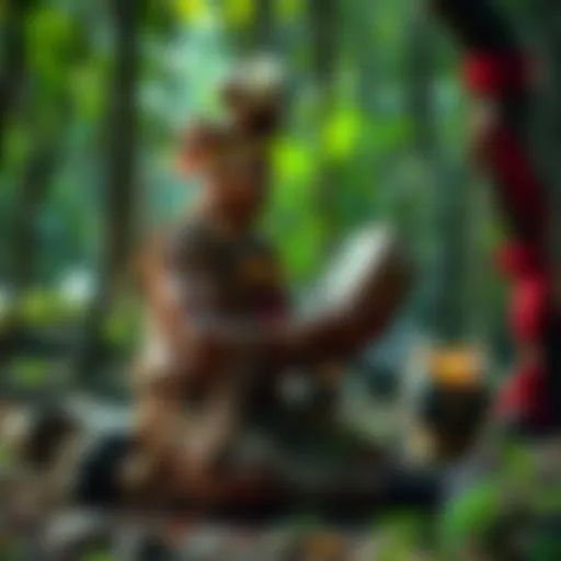 A shaman dressed in traditional attire performs a healing ritual with herbs and drums in a forest setting.