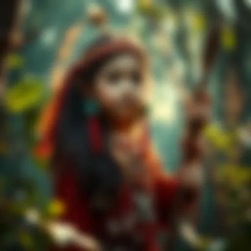 A young girl dressed in traditional shaman attire surrounded by nature, holding a staff and performing a spiritual ritual.