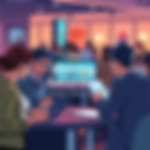 A group of people sharing their projects and ideas at Sharing Saturday, with laptops and notepads, engaged in discussion and feedback.