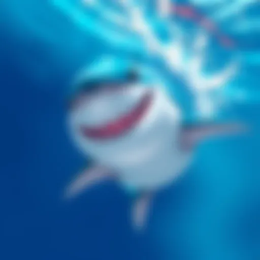 Colorful illustration of Shark Boy, a character with shark-like features and a playful expression, swimming in vibrant water.