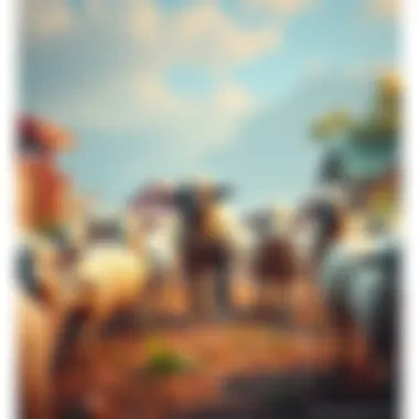 Sheep Herding Game A colorful scene showing players guiding sheep while shearing wool and making clothes in a friendly environment.