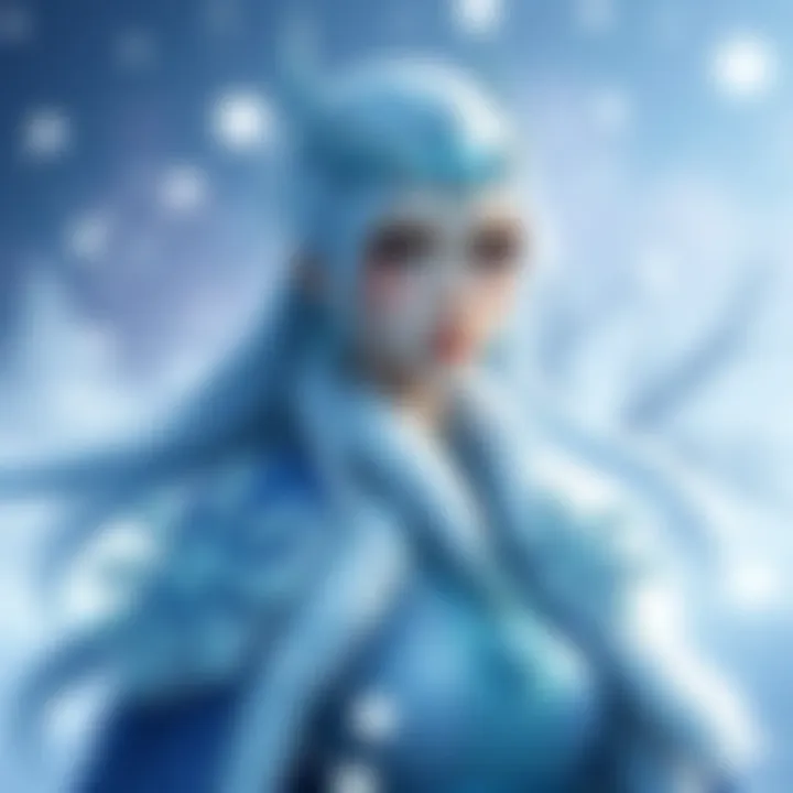 A character design of Shenhe, known as the Winter Queen, showcasing her icy blue attire and snowflake motifs against a winter backdrop.