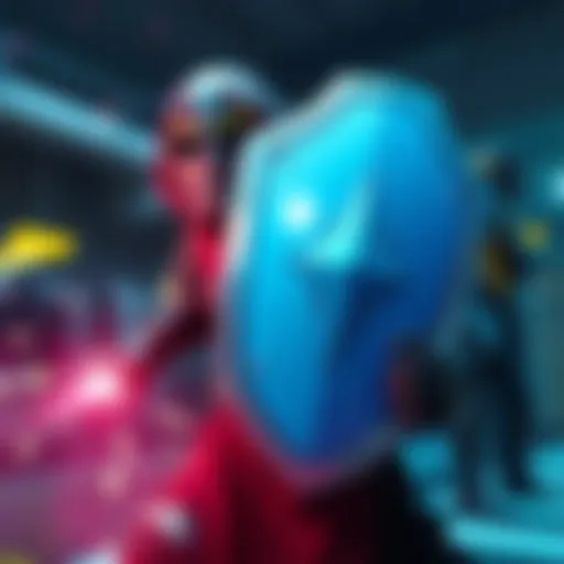 An enemy character with a shield absorbing attacks in a gaming environment, showcasing stance damage mechanics.