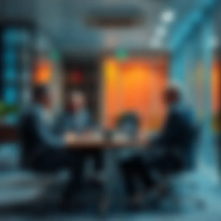A visual representation of a law firm's office with patent attorneys and senior patent agents discussing hiring trends, highlighting the shift towards more senior patent agents in response to billing pressures.