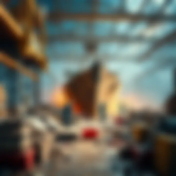 Workers collaborating on a ship construction project, with materials and tools scattered around, depicting the disorder of the proof of concept phase.