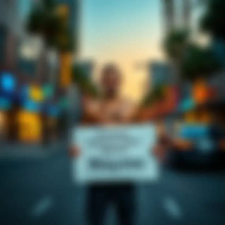 A shirtless man stands in East Hollywood streets holding a sign protesting Waymo's self-driving cars as cars pass by.