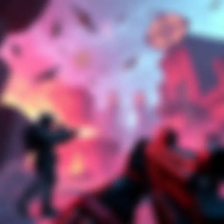 A stylized depiction of a dynamic roguelite shooter scene with vibrant colors and classic Quake influences, showing gameplay elements and characters in action.