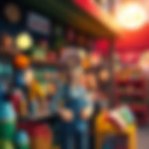 A colorful shopkeeper managing a small store with various items for sale in the lively city of Town.