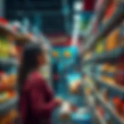 A shopper looking at store shelves with price tags, contemplating alternatives to their favorite brands due to price hikes.