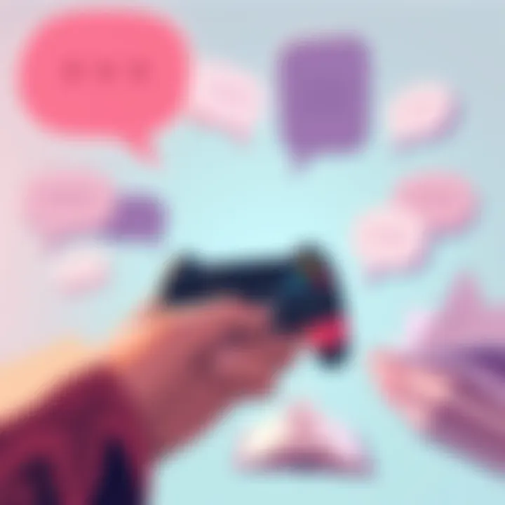 Illustration of a character holding a game controller, surrounded by story elements like dialogue bubbles and a book, representing a short story-based game design.