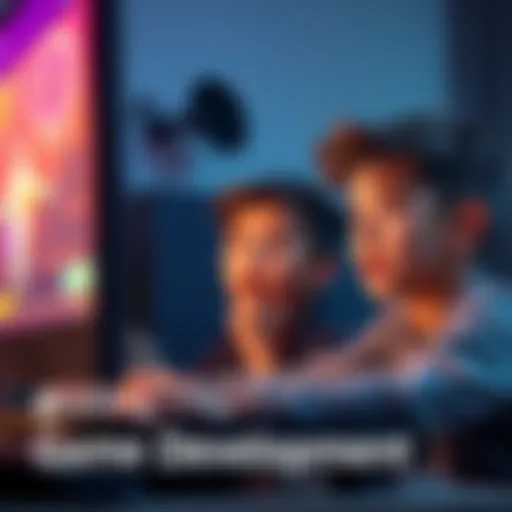 A sibling looks surprised while watching their brother work on a computer, with game design elements visible on the screen