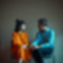 Two people sitting together in a quiet space, trying to understand each other without speaking, expressing emotions through gestures and facial expressions.