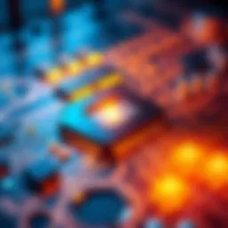 A close-up view of a silicon-based quantum computer with glowing circuits, showcasing its advanced technology.