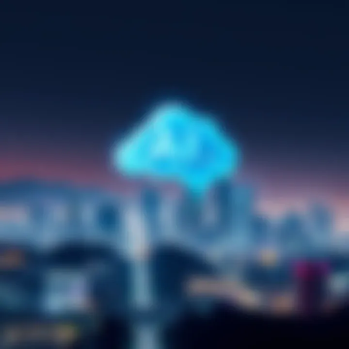 A city skyline shows tech buildings with a digital cloud representing AI, with a worried atmosphere above them.