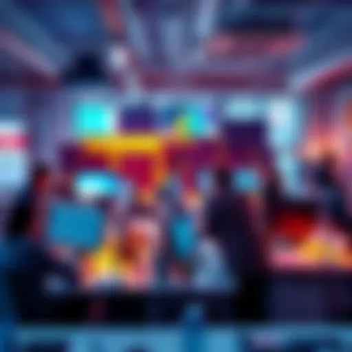 A bustling Silicon Valley tech office with people collaborating on projects and discussing ideas. Technology devices are visible on desks, showcasing innovation.