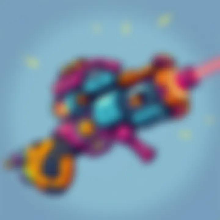 A colorful, blocky sci-fi weapon with whimsical shapes and designs, showcasing humor and creativity in illustration.