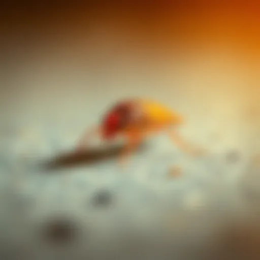 A close-up view of a silverfish insect moving over a textured surface