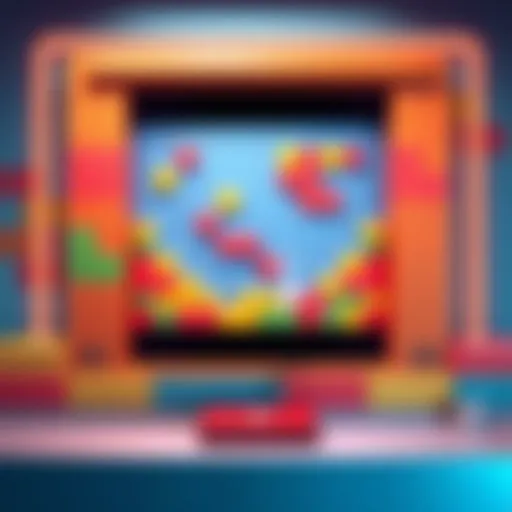 A colorful screen showing a simple breakout game in action with vibrant bricks and a bouncing ball