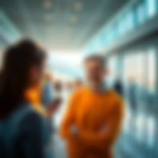 A person speaking clearly with others in a bright and open space, emphasizing clarity in conversation
