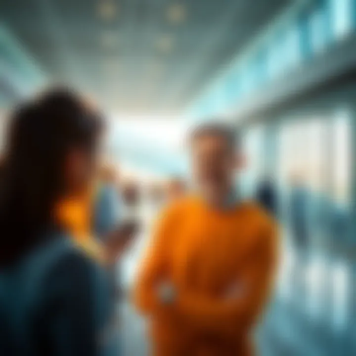 A person speaking clearly with others in a bright and open space, emphasizing clarity in conversation