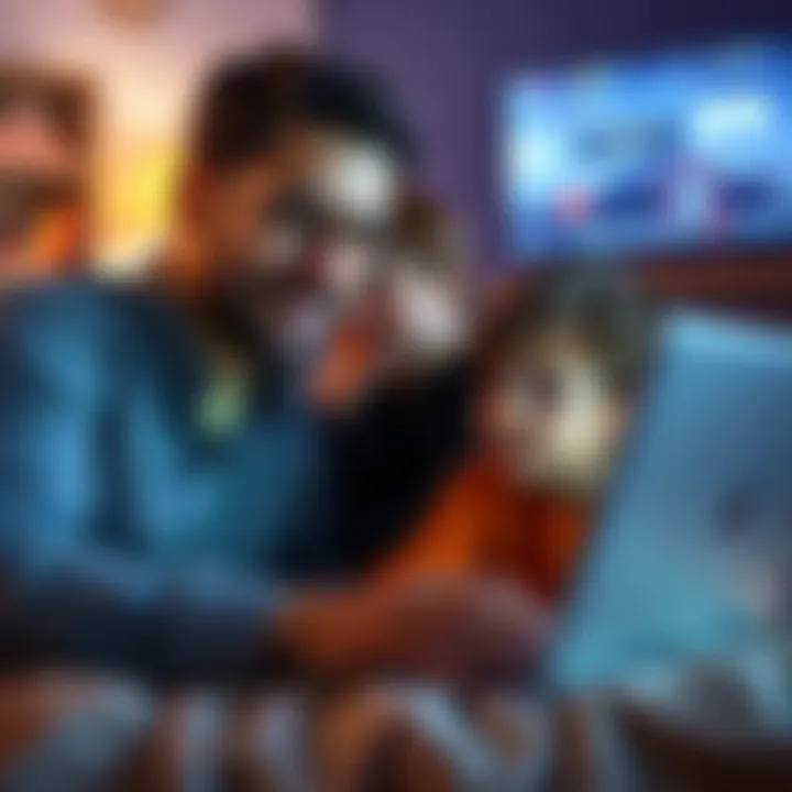 A parent and child playing a text-based game on a laptop, with minimal graphics on the screen.