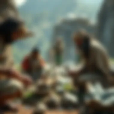 A group of people engaged in traditional stone age-like activities, foraging, and crafting tools in a natural setting