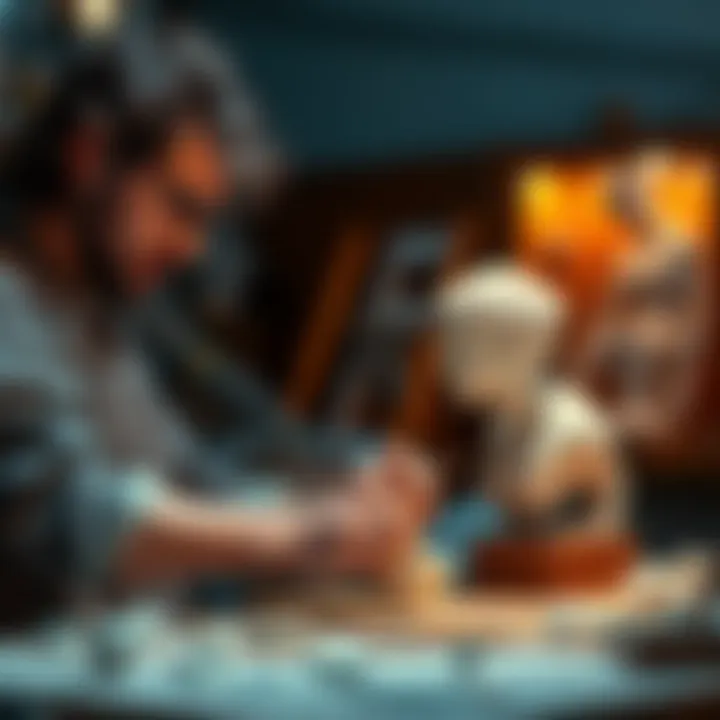 Artist working on a simple yet captivating sculpture, focusing on blending imagination and craft.