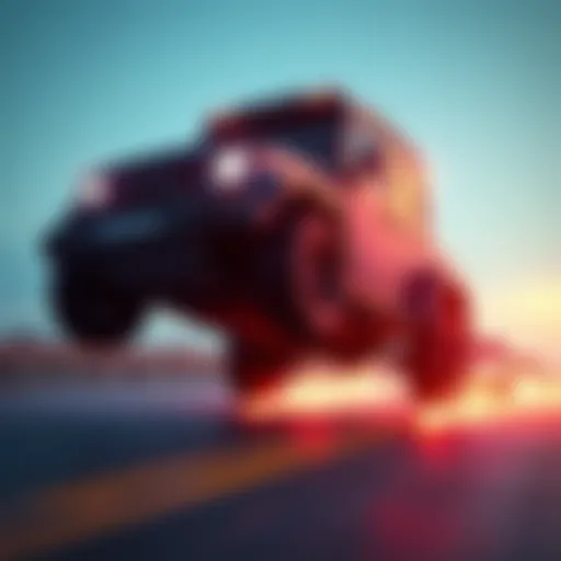 A virtual vehicle appears to jump off the ground right after being spawned in a simulation, showing signs of physics glitches.