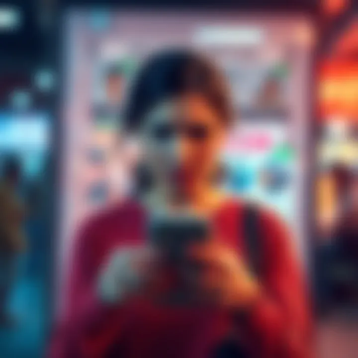 A single mother looking worried while holding a phone, surrounded by ads and service icons, showing her dissatisfaction with free service quality