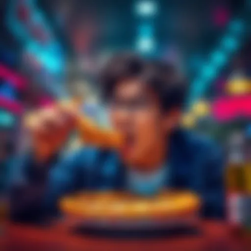 A person enjoying a slice of pie, sipping a beverage, with a playful expression