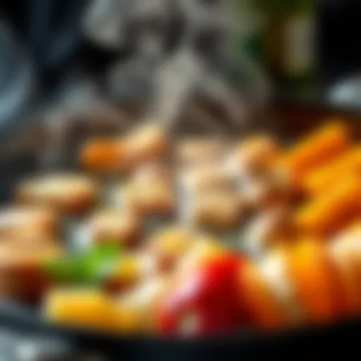 A realistic sizzling oil effect is shown in a pan with food items, creating an appetizing look with bubbles and steam rising.