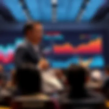 The CEO of SK Hynix discussing the anticipated memory shortage at a conference, surrounded by charts showing increasing demand and declining supply.