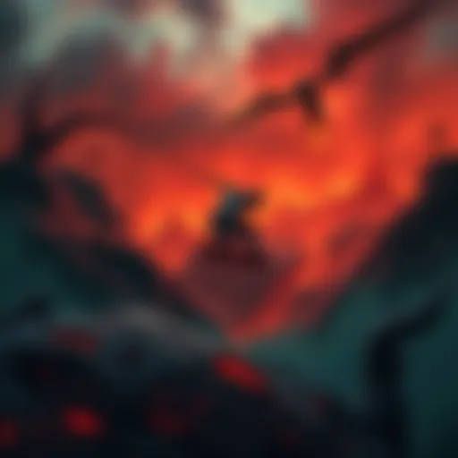 A skateboarder performs tricks in a dark, surreal environment featuring fiery landscapes and eerie structures, representing different layers of hell.