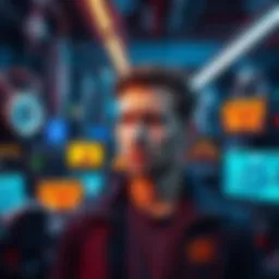 A person with a skeptical expression looking at a display of AI technology, surrounded by futuristic gadgets.