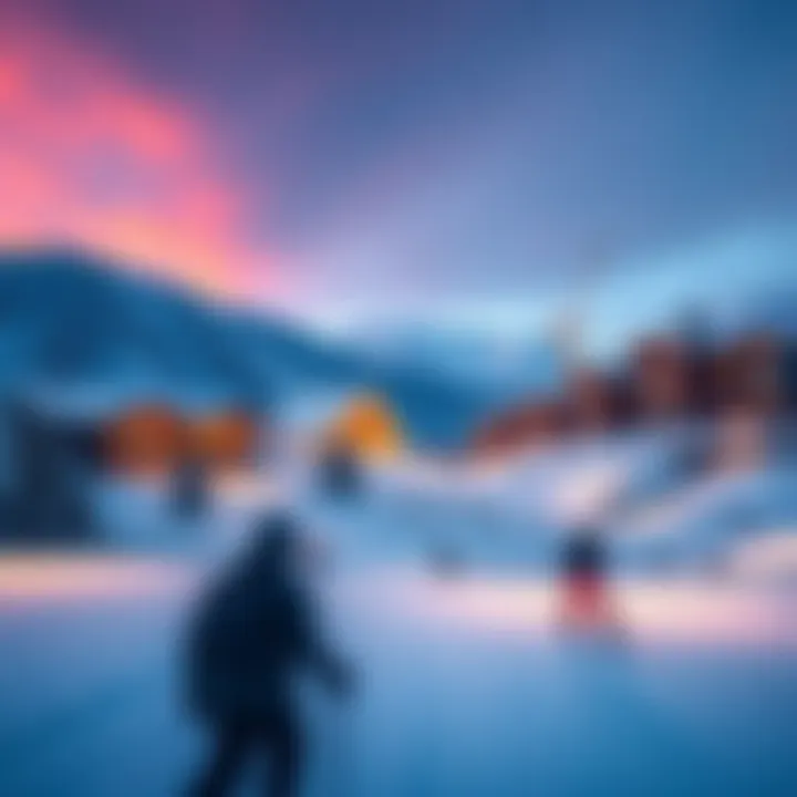 A modern ski resort with people skiing and innovative facilities in the background