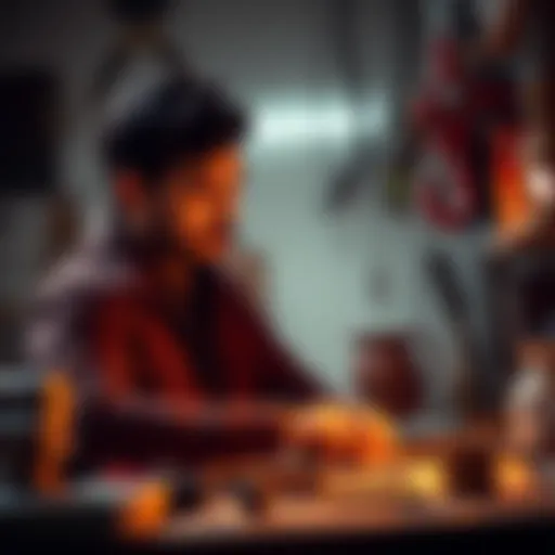 A person practicing a skill, focused on improvement and growth, surrounded by tools of their trade.