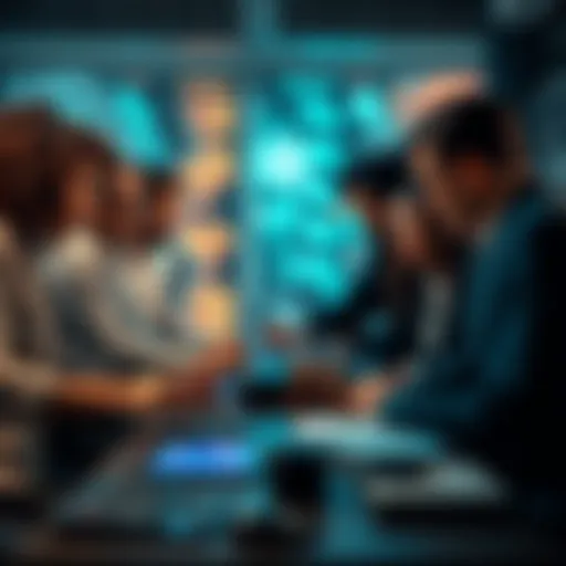 A diverse group of people collaborating around a table with AI tools, discussing skills needed for the future job market.