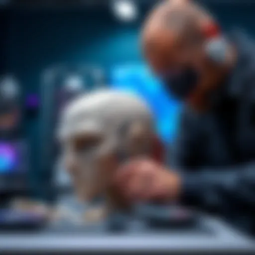 An artist meticulously slicing a high-poly sculpt model using advanced tools, showcasing clean cuts and precise details.