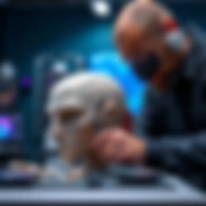 An artist meticulously slicing a high-poly sculpt model using advanced tools, showcasing clean cuts and precise details.