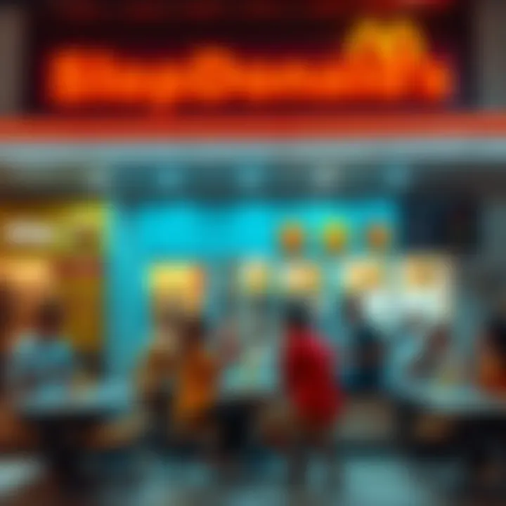 A vibrant SlopDonald's restaurant with customers enjoying unique fast food offerings.