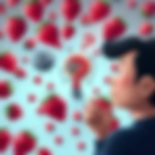 A cartoon representation of AI with gears and a question mark, surrounded by strawberries, representing misconceptions about artificial intelligence, with a thoughtful expression on a person's face.
