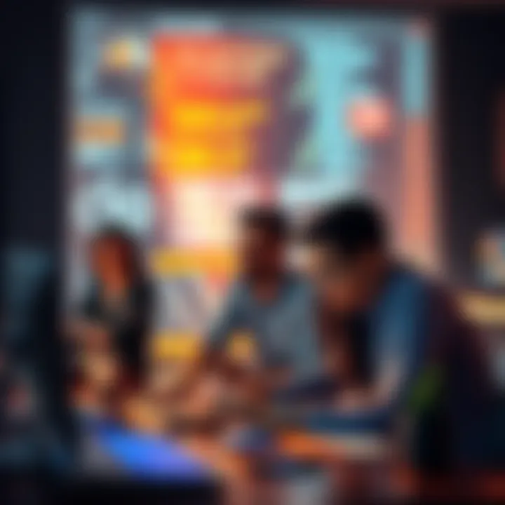 A small brand team collaborating around a computer, utilizing AI technology for product descriptions and efficiency.