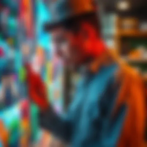 A small business owner examining AI-generated artwork with concern, reflecting the challenges faced by artists and businesses in the digital age.