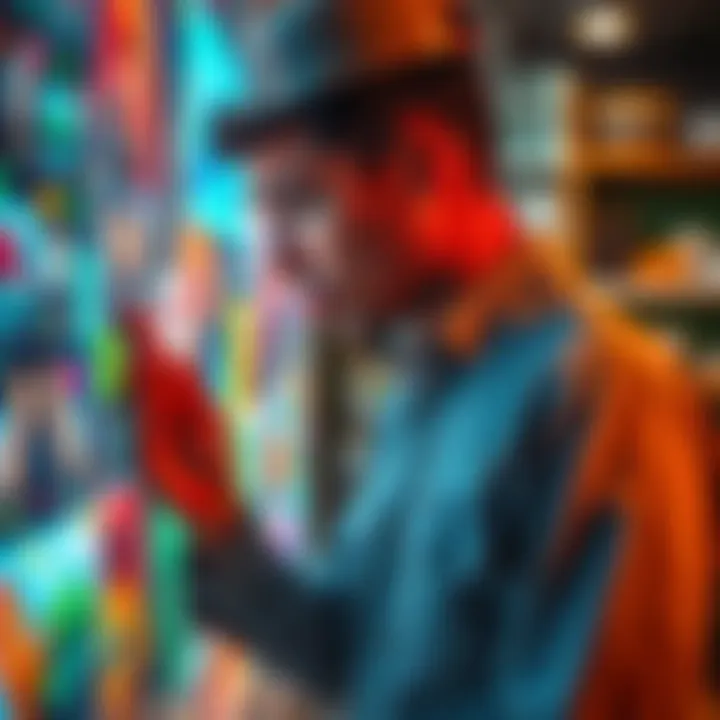 A small business owner examining AI-generated artwork with concern, reflecting the challenges faced by artists and businesses in the digital age.