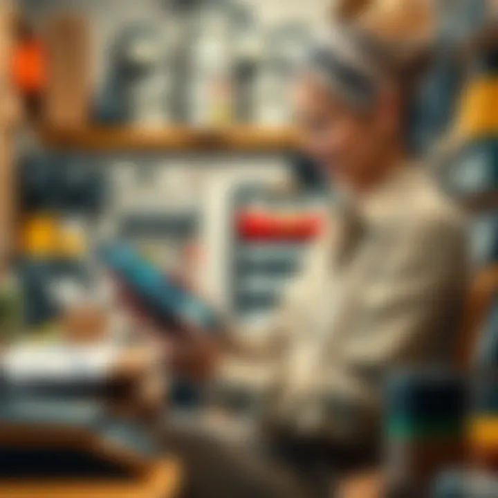 A small business owner, a middle-aged woman, interacts with a tablet displaying AI software while sitting in her cozy shop. Tools and products are visible around her, showing how AI helps in her daily...