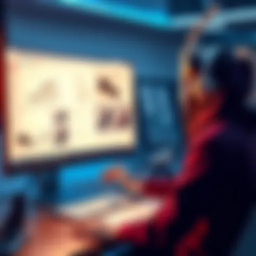 A designer working with AI tools to create innovative shoe designs, showcasing a computer screen with design software and sketches.