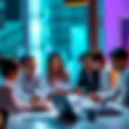 A small group of business professionals reviewing documents and discussing AI integration around a table with laptops.