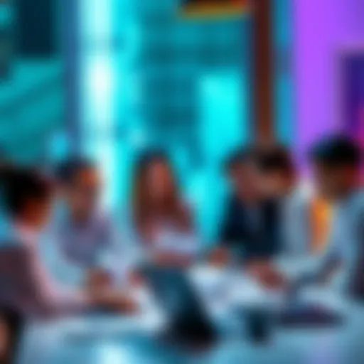 A small group of business professionals reviewing documents and discussing AI integration around a table with laptops.